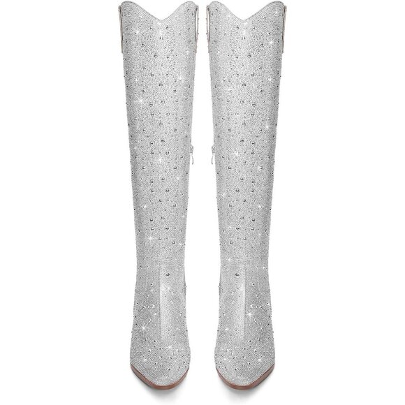 Ronilurn Womens Silver Rhinestone Pointed Toe Cowgirl Boot Pull On Side Zippers - Picture 4 of 9